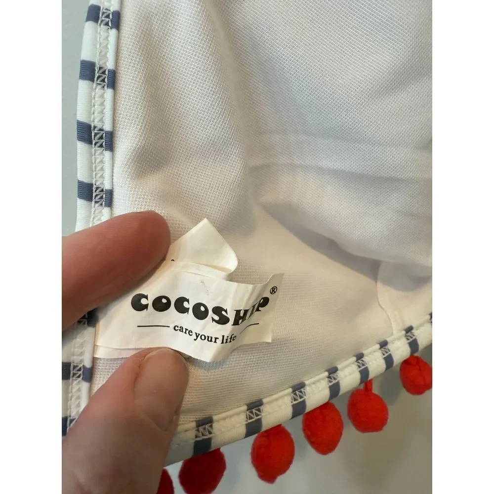 Cocoshop Nautical Striped Bikini Top‎ with Red Pom Pom Trim Swimwear XL - Picture 4 of 5